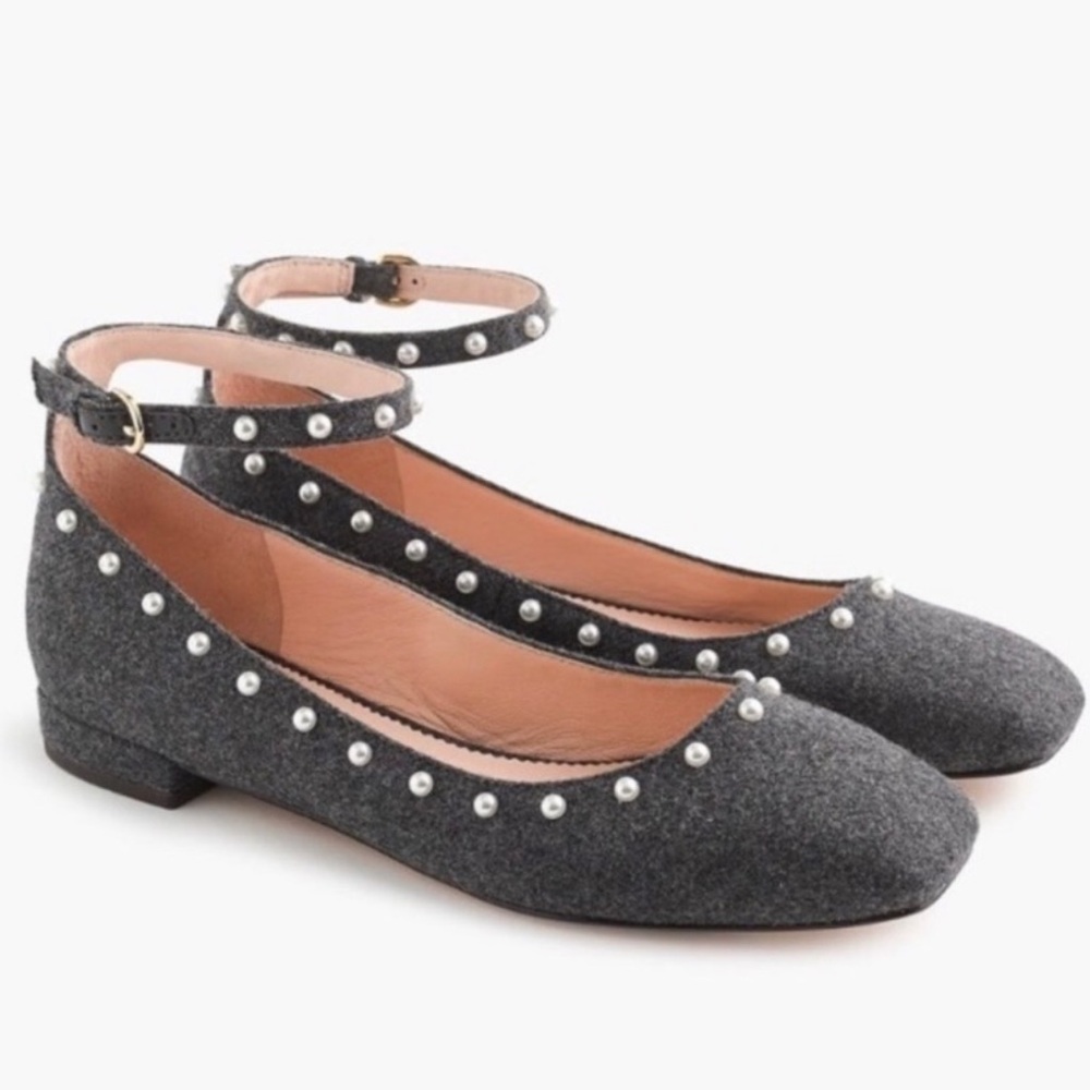 J. Crew Embellished Wool Dark Gray Ankle Strap Ballet Flats Size 8.5 EUC